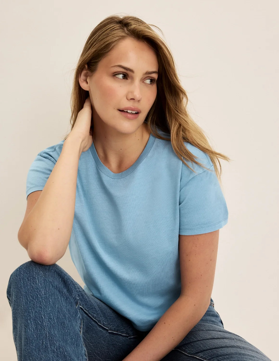 Front view of model wearing the Mineral-Dyed Cotton T-Shirt highlighting the coverage and fit – Washed Blue Mist – view 9 of 18