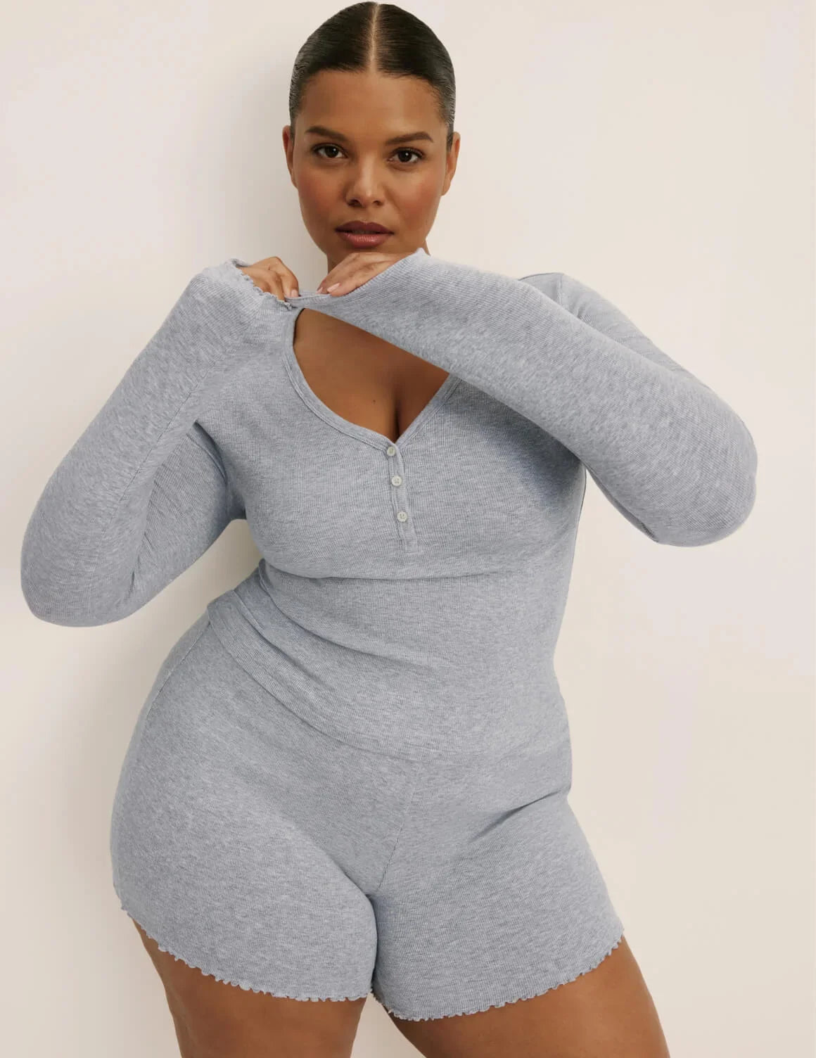 Front view of model wearing the Modal Rib Short highlighting the coverage and fit – Heathered Grey – view 3 of 16