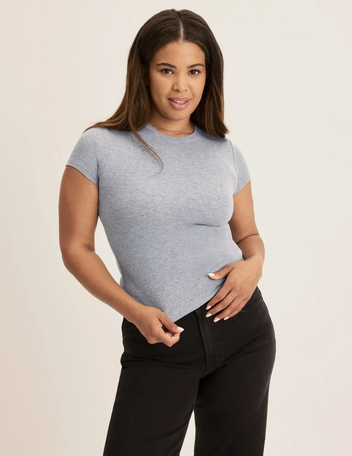 Front view of model wearing the Modal Rib T-Shirt highlighting the coverage and fit – Heathered Grey – view 5 of 48