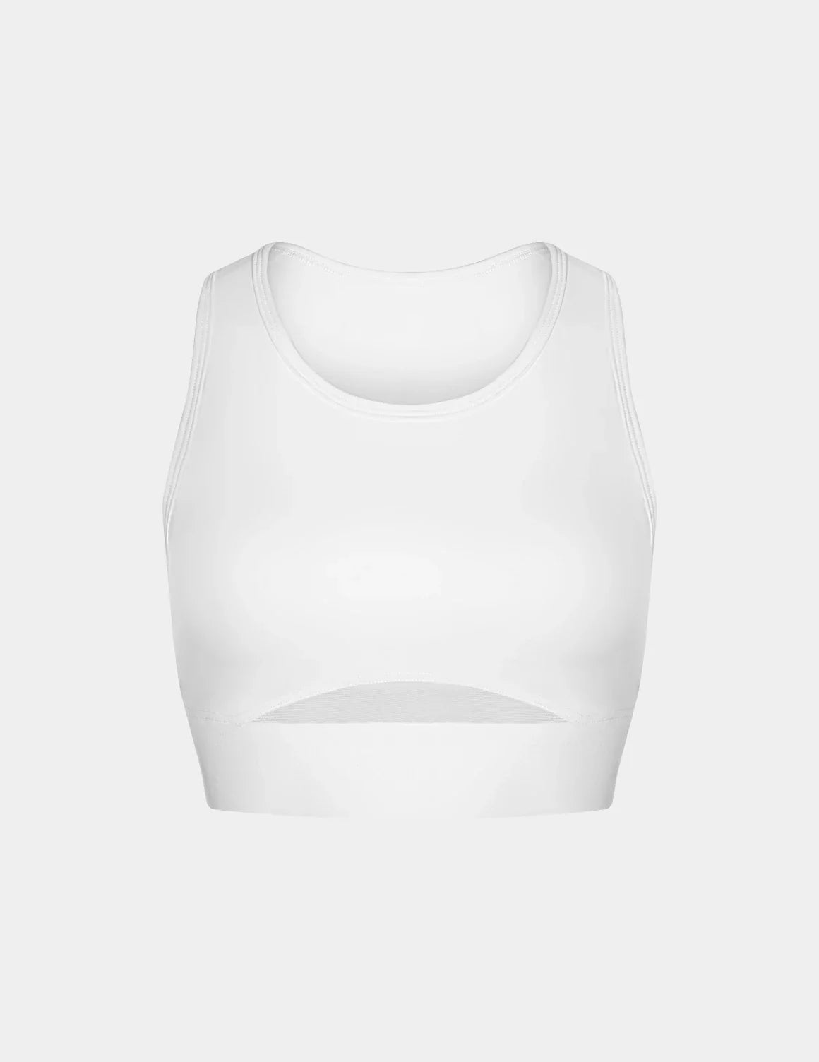 View of Momenta Racerback Sports Bra shown front-facing against a light gray background – Bright White – view 11 of 21