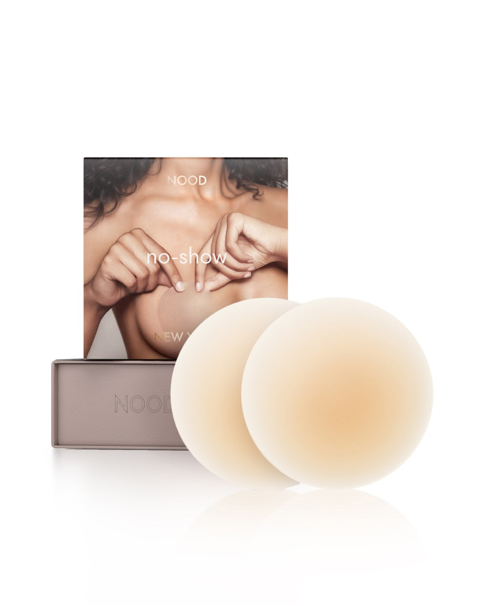 No-Show Adhesive Reusable Nipple Covers packaging shown front-facing against a light gray background – No. 3 Buff – view 1 of 15