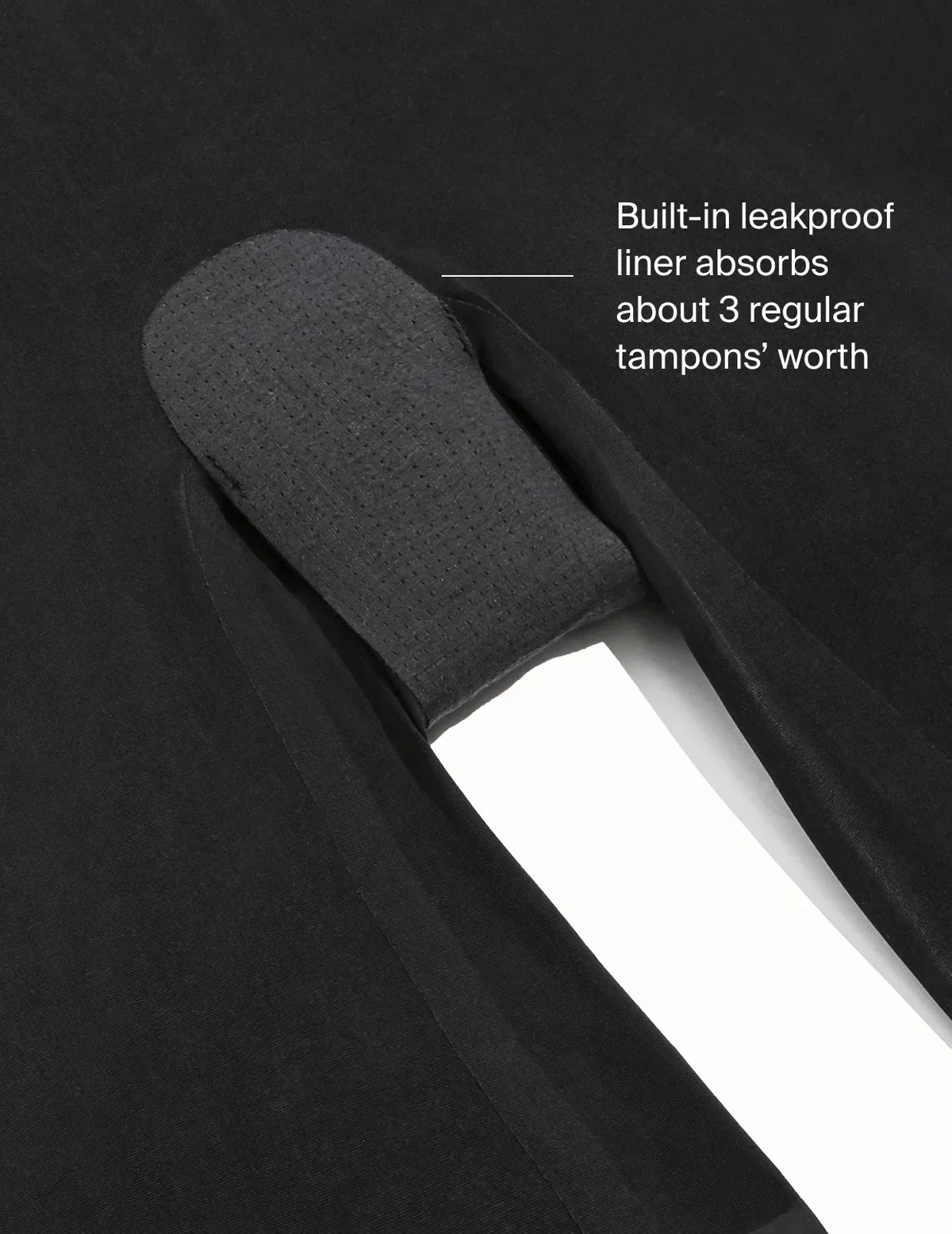 Text on image: Built-in leakproof liner absorbs about 3 regular tampons' worth – view 12 of 13