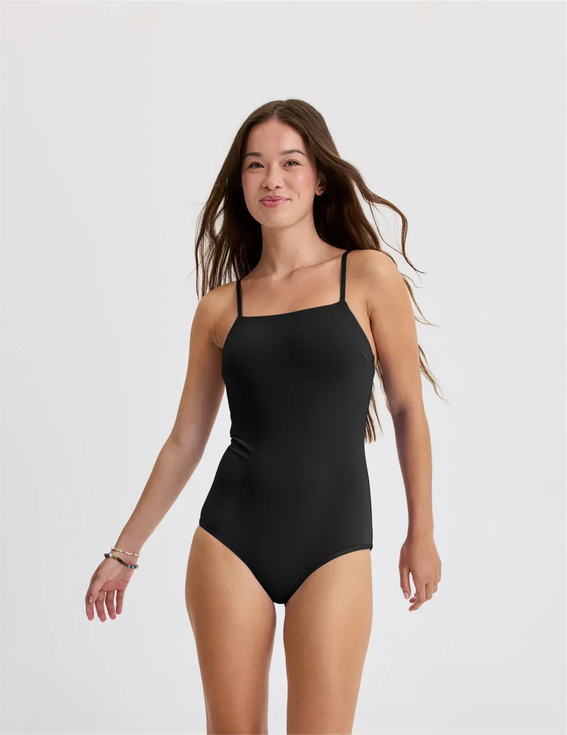 Front view of model wearing the Teen Period Swim Square Neck One-Piece highlighting the coverage and fit – Black – view 1 of 46