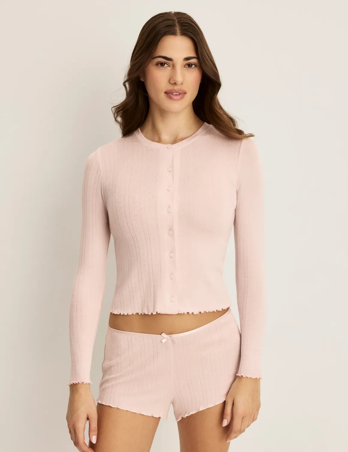 Front view of model wearing the Pointelle Cardigan highlighting the coverage and fit – Hush – view 11 of 19