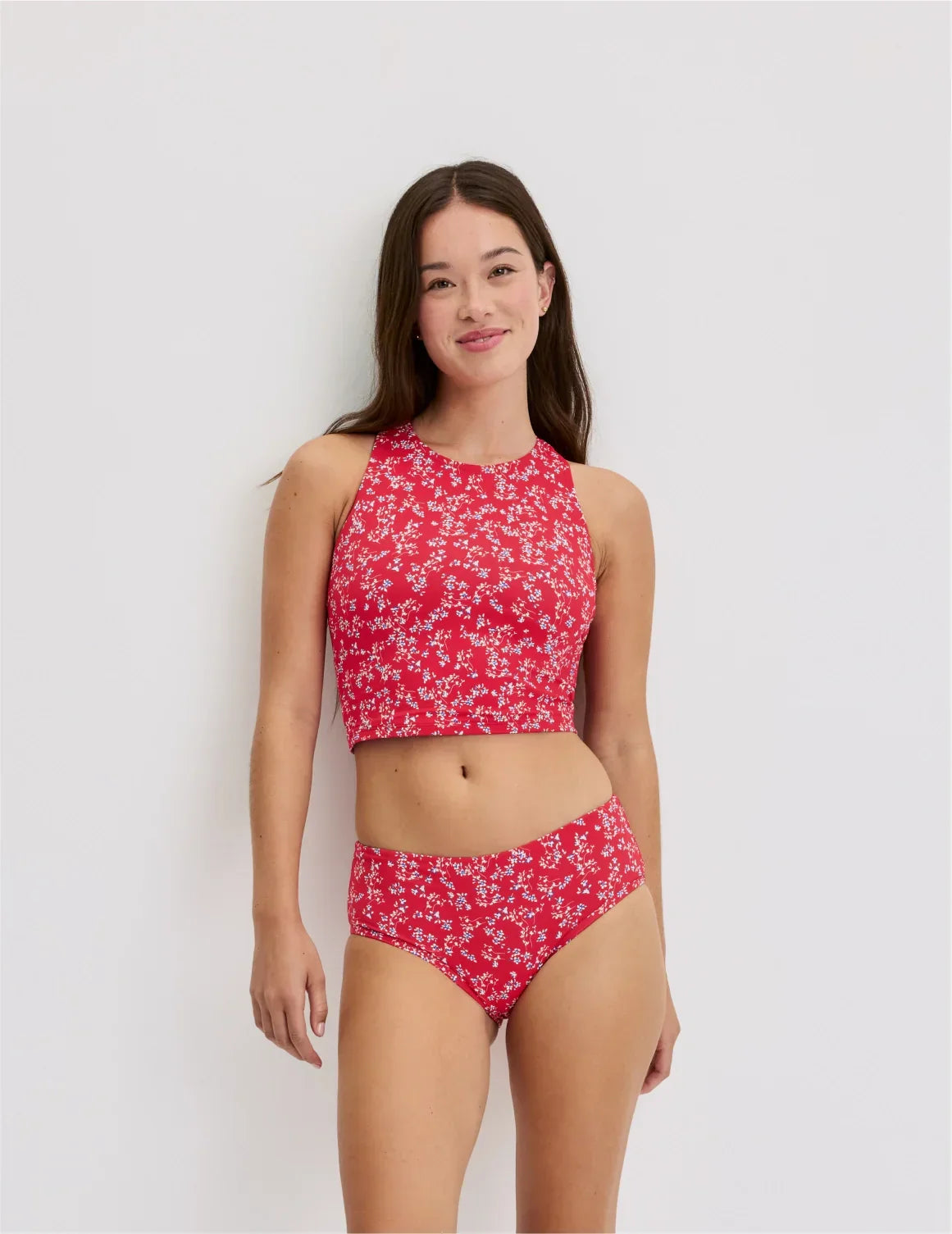 Front view of model wearing the Teen Racerback Tankini Swim Top highlighting the coverage and fit – Poppy Petal – view 2 of 45