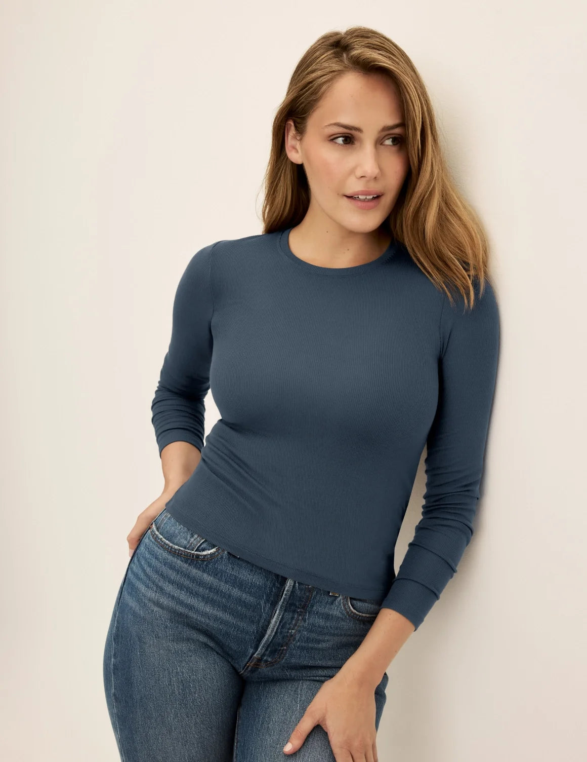 Front view of model wearing the Modal Rib Long Sleeve highlighting the coverage and fit – Twilight Navy – view 7 of 21