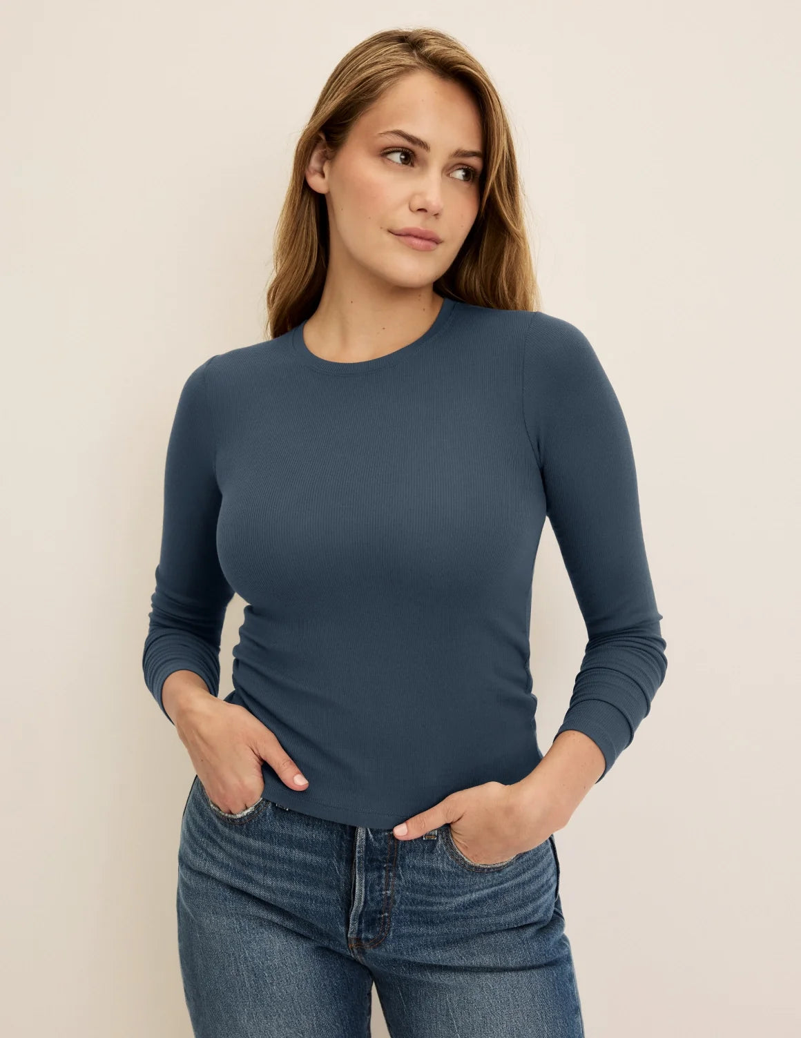 Front view of model wearing the Modal Rib Long Sleeve highlighting the coverage and fit – Twilight Navy – view 10 of 21