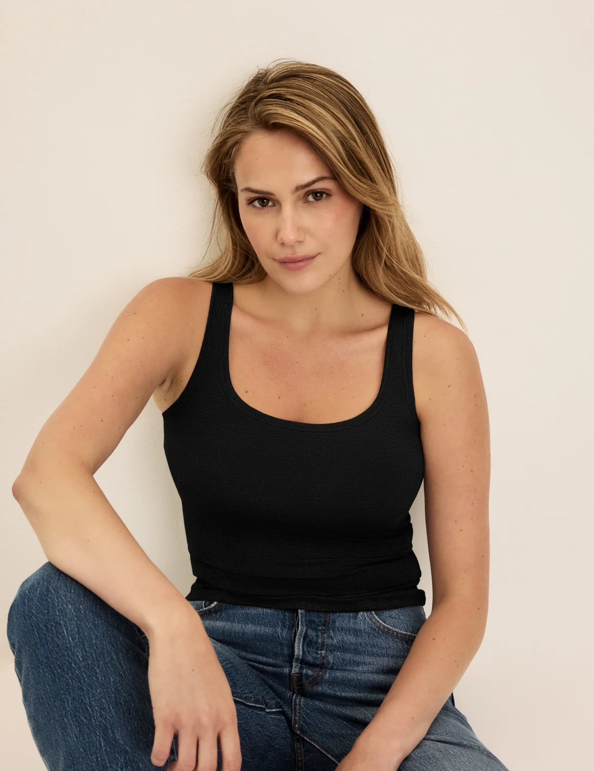 Front view of model wearing the Modal Rib Tank highlighting the coverage and fit – Black – view 1 of 25