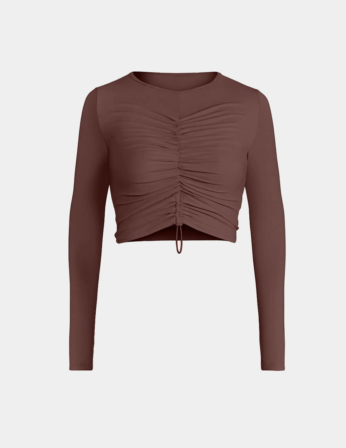 Ruched Long Sleeve Swim Top shown front-facing against a light gray background – Espresso – view 12 of 18