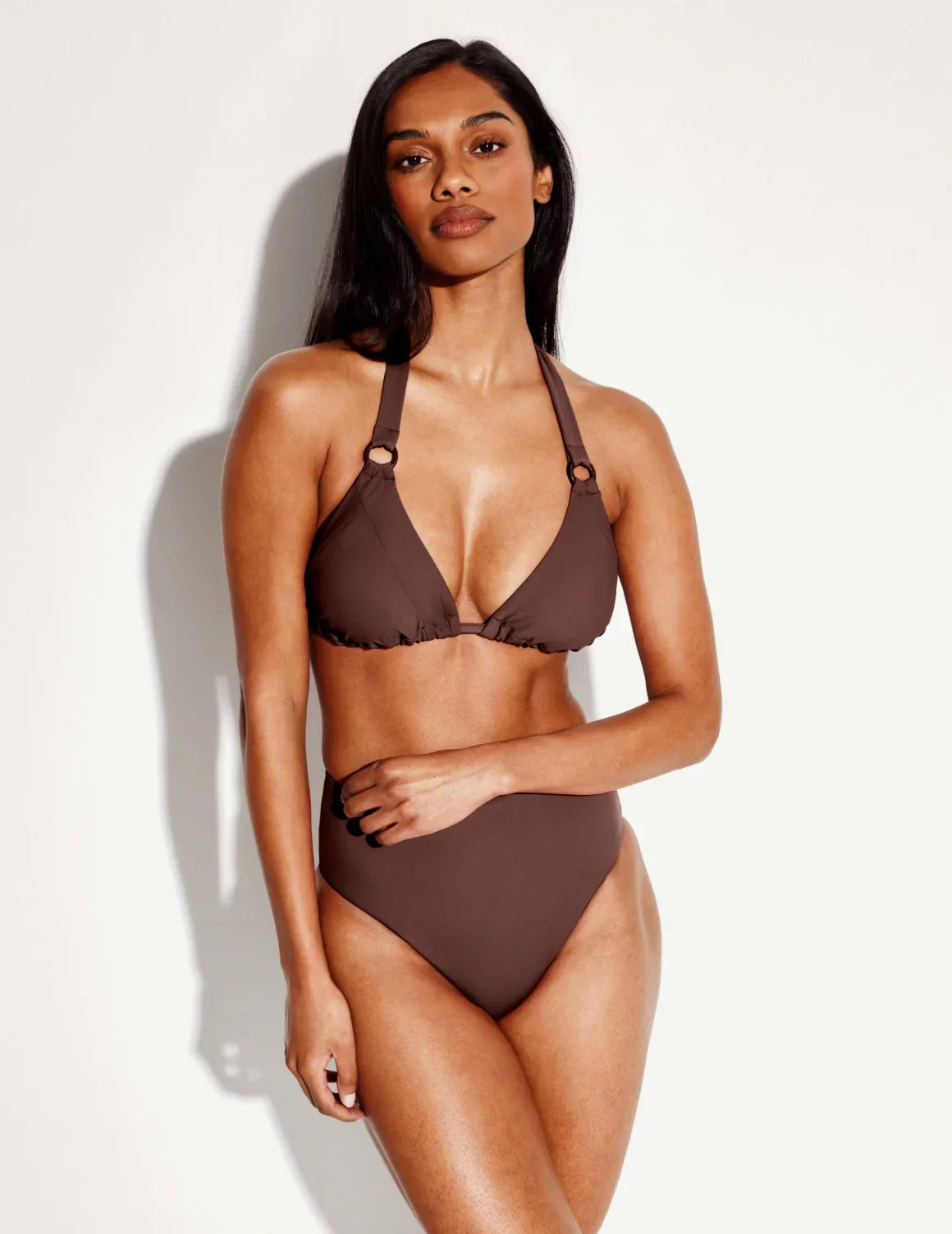 Front view of model wearing the Sculpt High Rise Bikini Swim Bottom highlighting the coverage and fit – Espresso – view 3 of 36