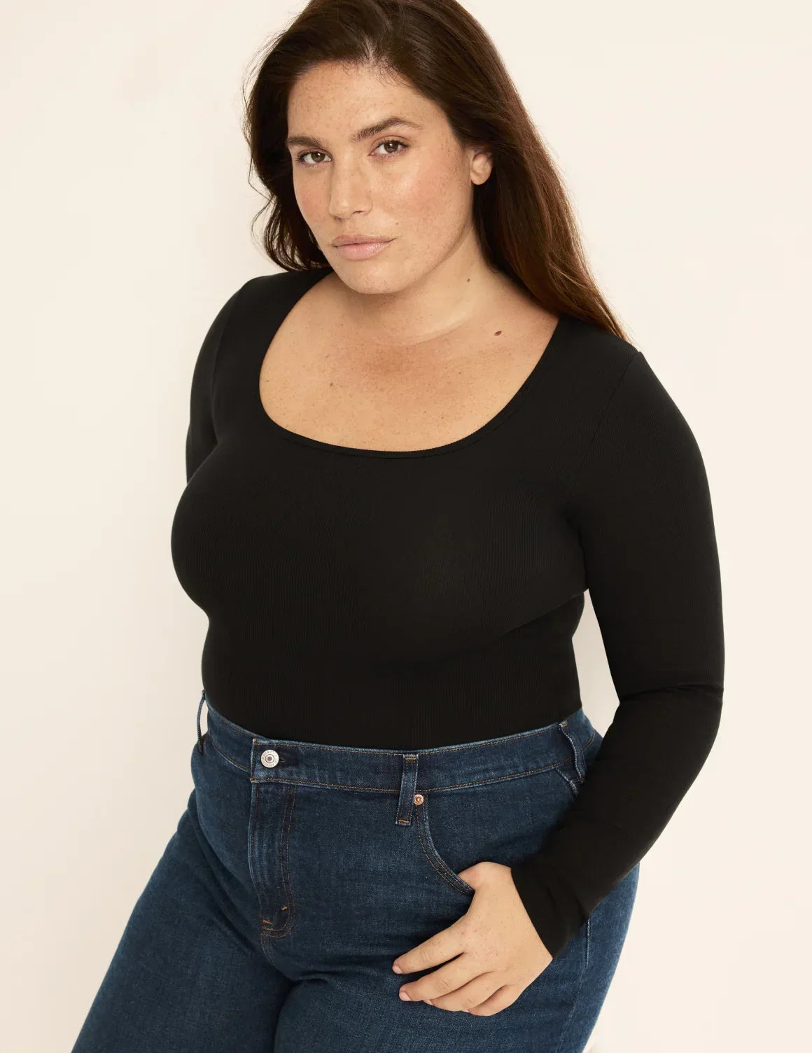 Front view of model wearing the SculptRib™ Cotton Bodysuit highlighting the neckline, fabric and hugging fit – Black – view 10 of 13