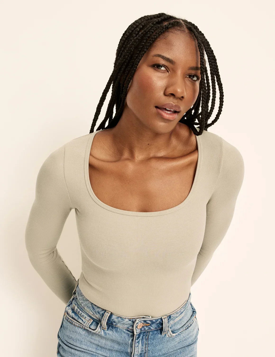 Front view of model wearing the SculptRib™ Cotton Bodysuit highlighting the neckline, fabric and hugging fit – Fawn – view 2 of 13