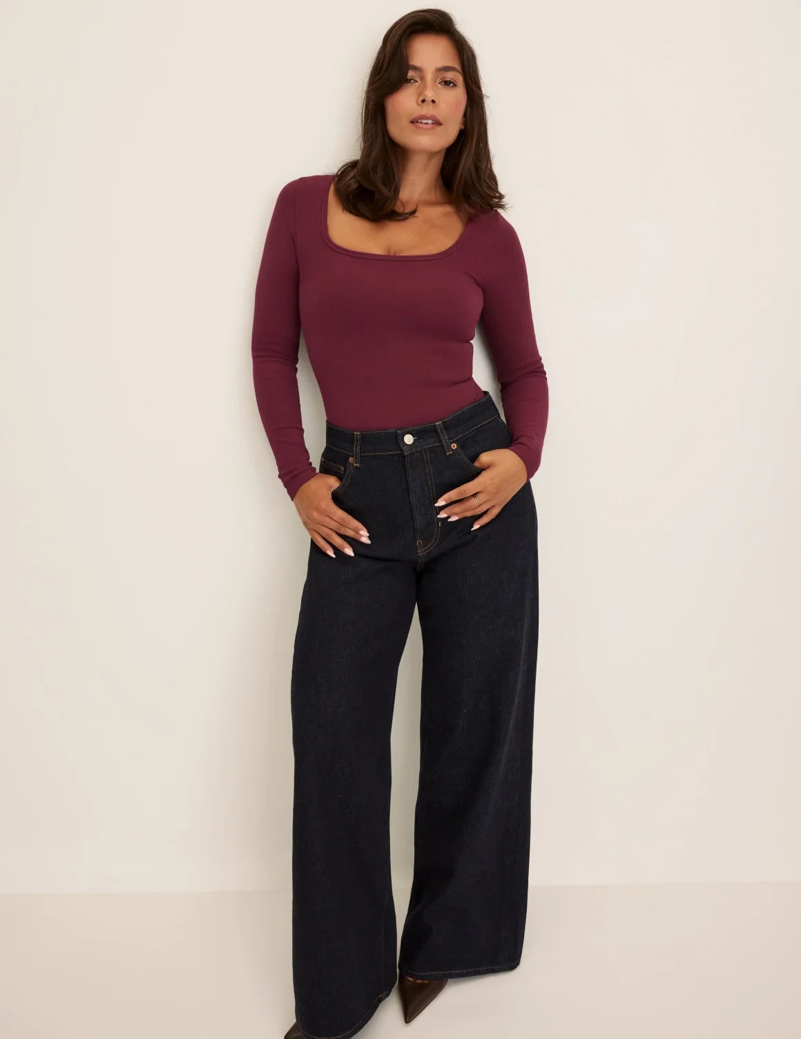 Front view of model wearing the SculptRib™ Cotton Long Sleeve Top highlighting the neckline, fabric and hugging fit – Dark Cherry – view 8 of 24