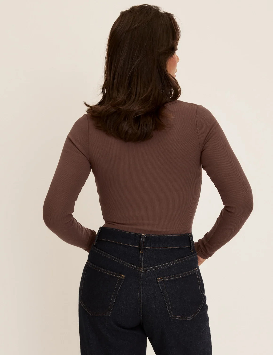 Back view of model wearing the SculptRib™ Cotton Long Sleeve Top highlighting the neckline, fabric and hugging fit – Espresso – view 12 of 24