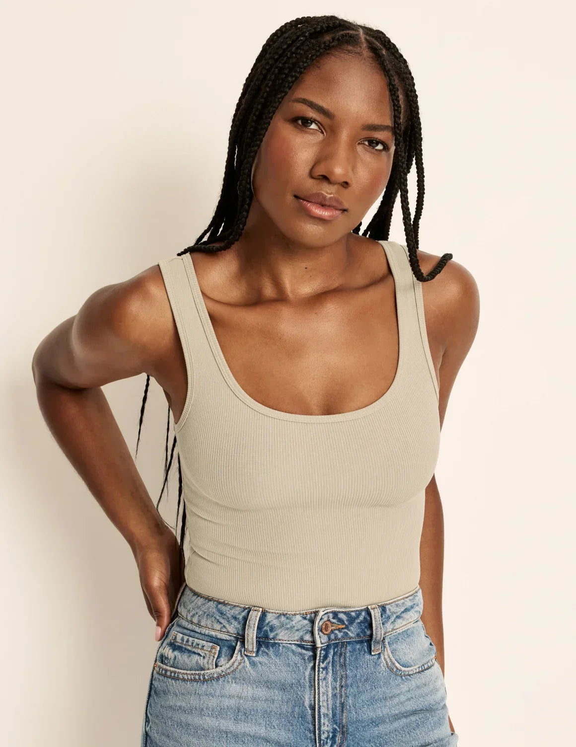 Front view of model wearing the SculptRib™ Cotton Tank highlighting the neckline, fabric and hugging fit – Fawn – view 1 of 44