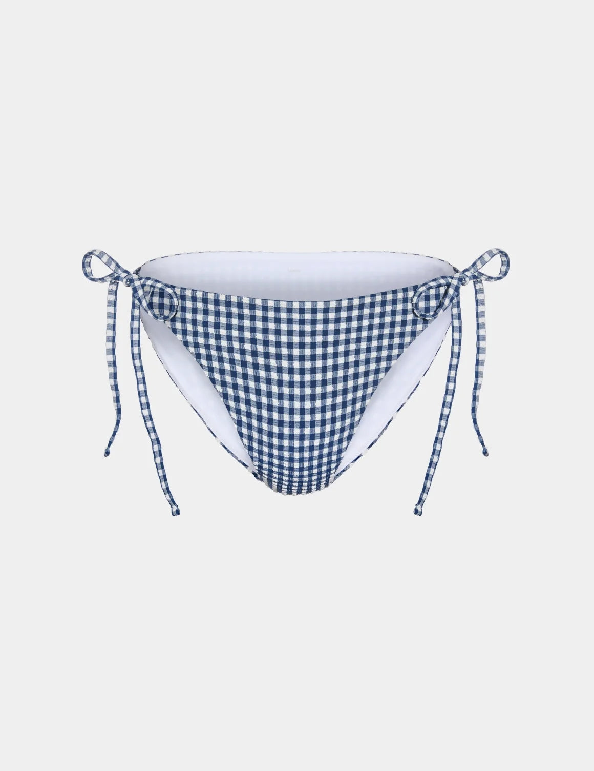 Seersucker Sculpt String Bikini Bottom shown front-facing against a light gray background – Navy Seersucker – view 2 of 6