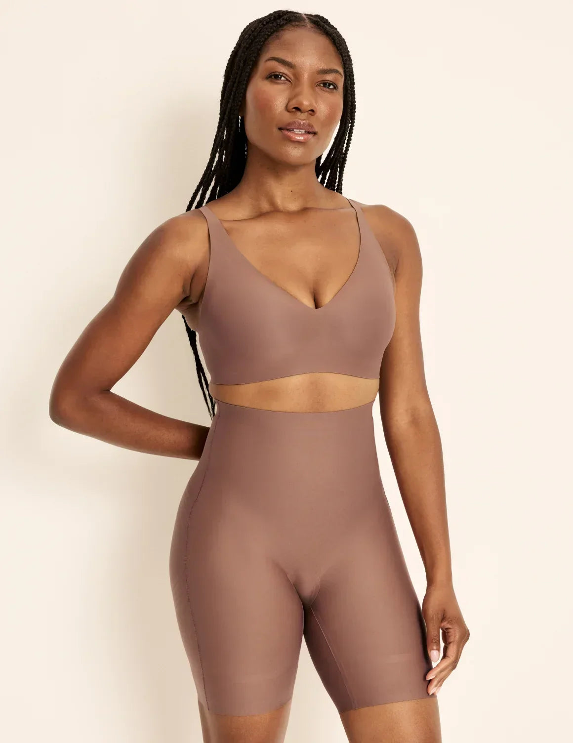 Front view of model wearing the Customizable Shaper High Rise Leakproof Shorts, highlighting the coverage and smooth fit – Sola – view 1 of 18