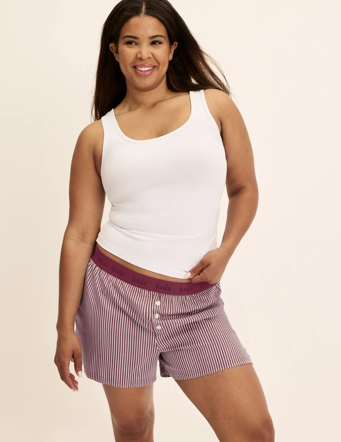 Front view of model wearing the Super Leakproof® Dream Boxer™ highlighting the coverage and fit – Dark Cherry Stripe – view 11 of 63