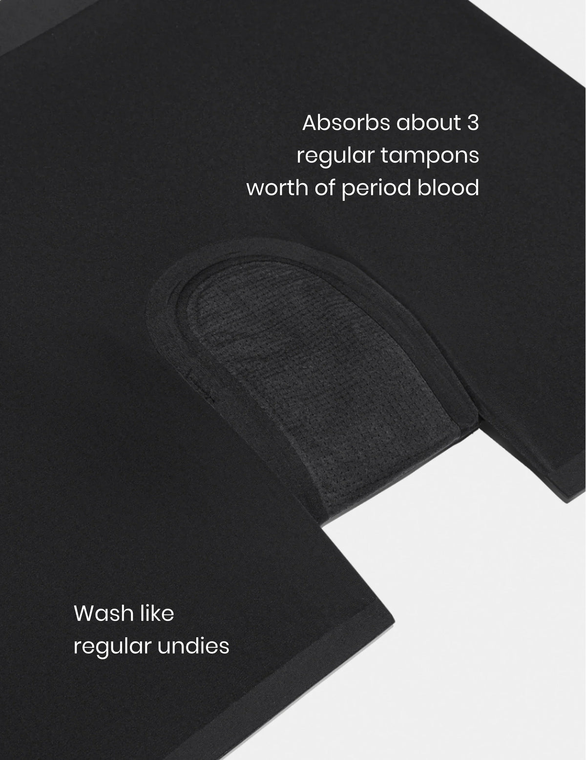 On image text: Absorbs about 3 regular tampons worth of period blood. Wash like regular undies. – Black – view 2 of 6
