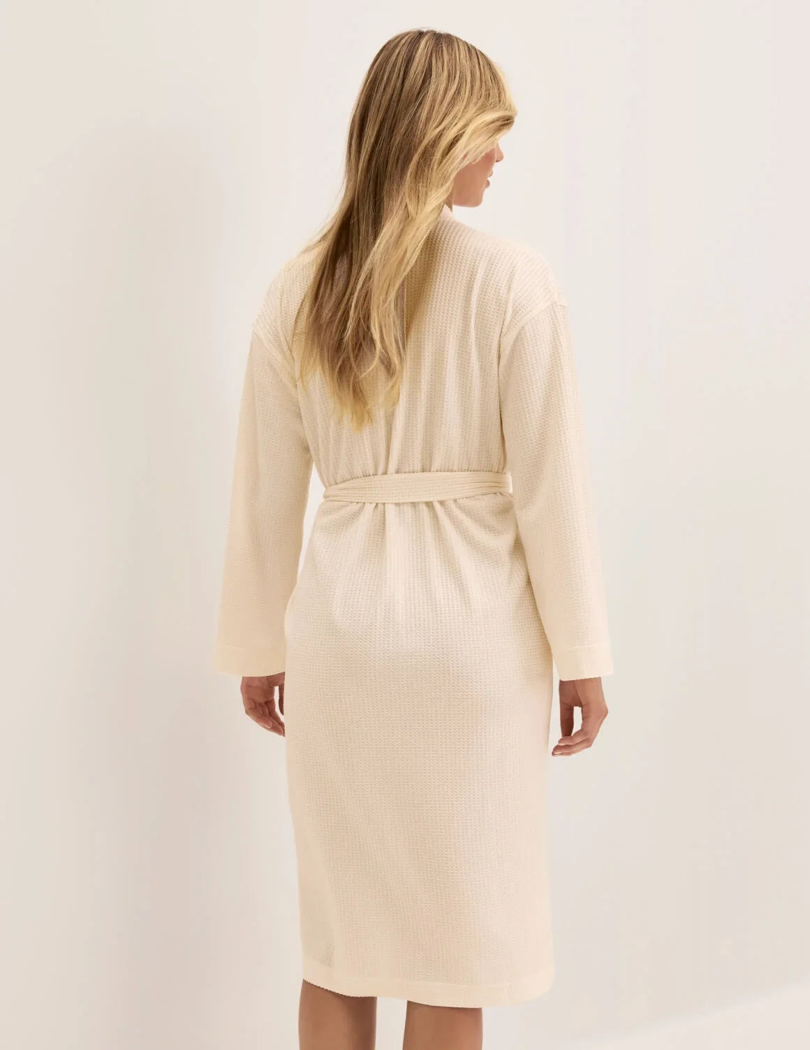 Back view of model wearing the Waffle Robe highlighting the coverage and fit – Sea Salt – view 3 of 5